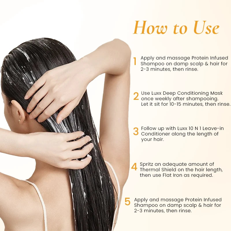 Pack of Protein Infused Shampoo, Thermal Shield, Flat Iron & Serum with Luxx Leave-in Conditioner & Deep Conditioning Mask