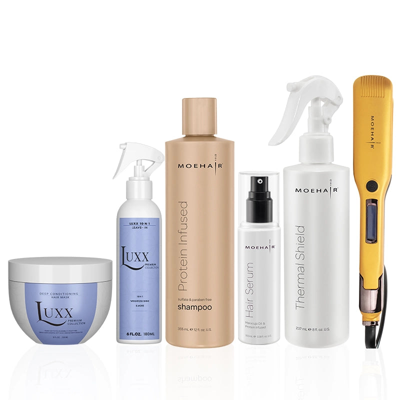 Pack of Protein Infused Shampoo, Thermal Shield, Flat Iron & Serum with Luxx Leave-in Conditioner & Deep Conditioning Mask