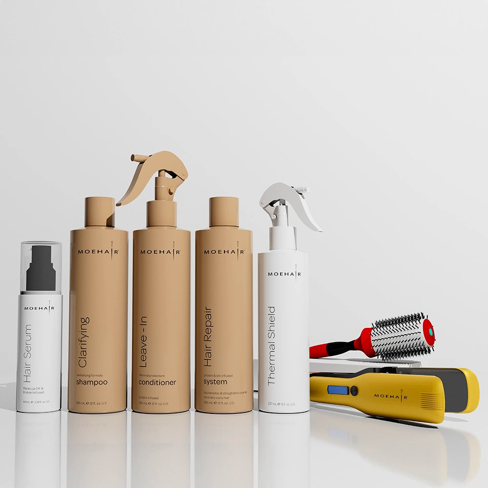 Set of Clarifying Shampoo, Serum, conditioner, hair repair system, thermal shield, straightener with hair brush