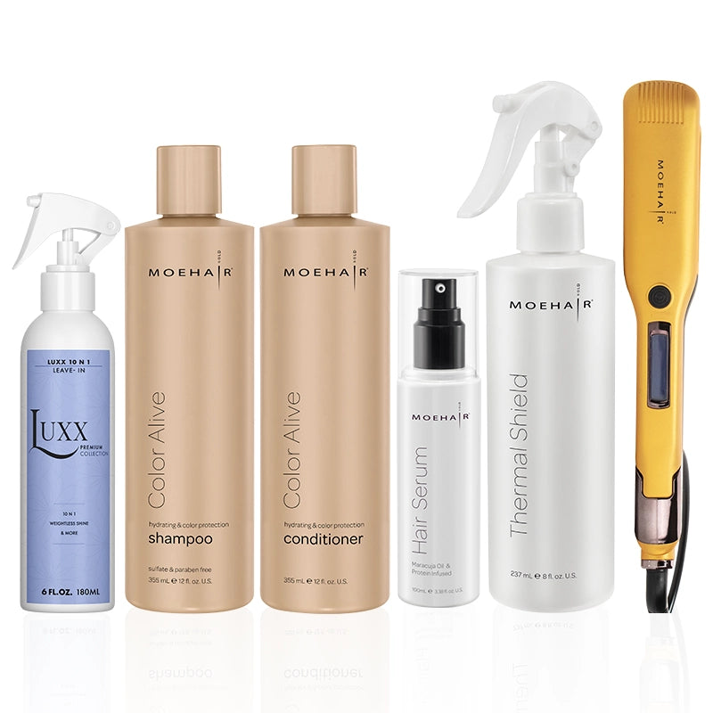 Pack of Color Alive Shampoo & Conditioner with Luxx Leave-In Conditioner, Flat Iron, Thermal Shield & Serum