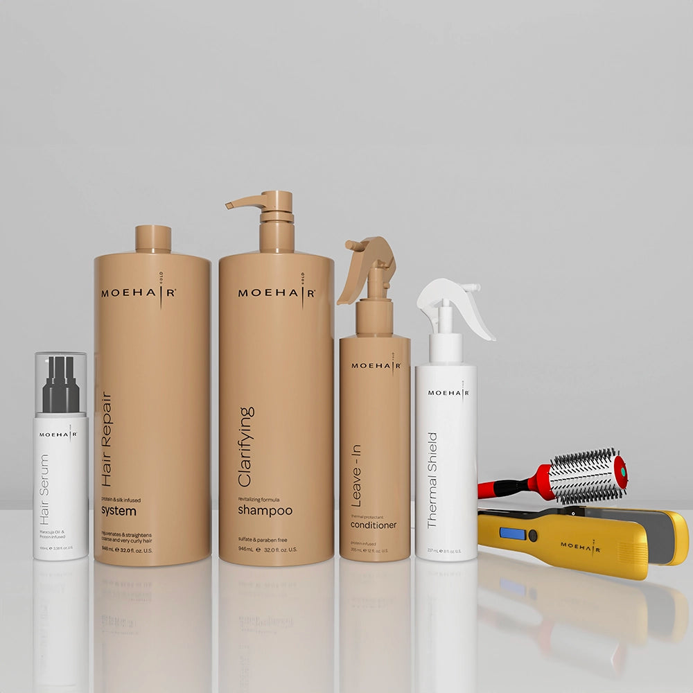 Set of Clarifying Shampoo, Serum, conditioner, hair repair system, thermal shield, straightener with hair brush