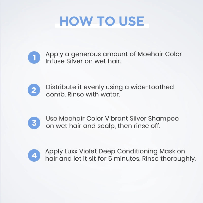 How to use - Pack of Color Infuse Silver and Color Vibrant Silver Shampoo with Luxx Violet Deep Conditioning Mask