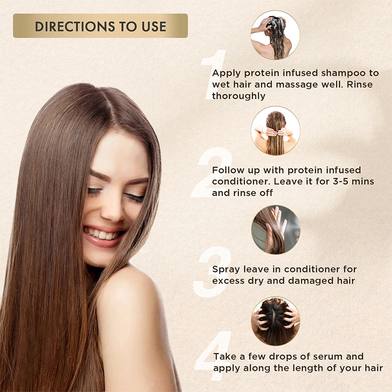 Protein Infused Shampoo and Conditioner with Leave-In Conditioner & Hair Serum - How to Use