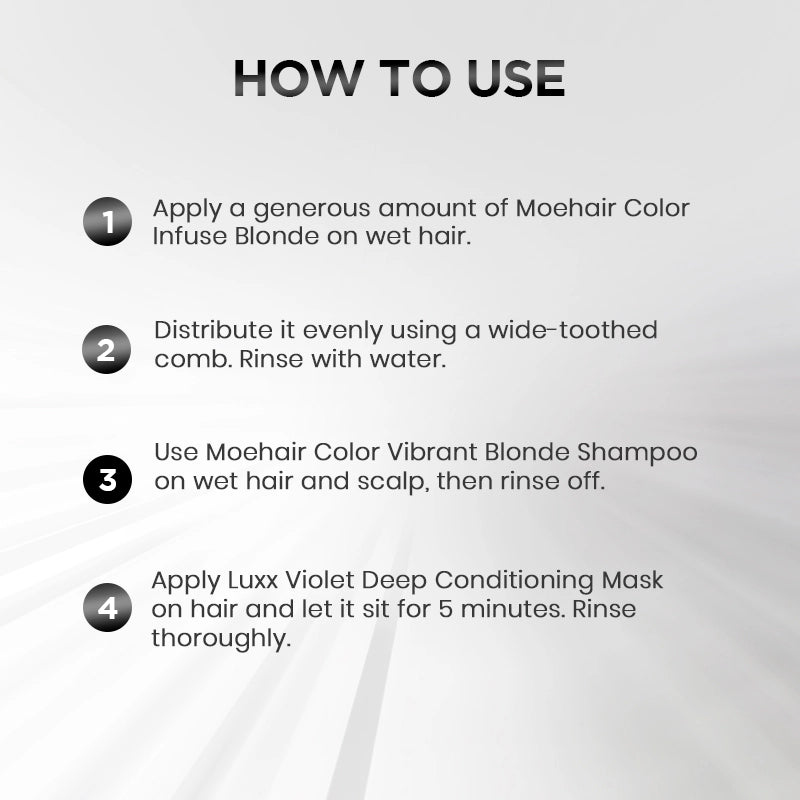 How to use - Pack of Color Infuse Silver and Color Vibrant Silver Shampoo with Luxx Violet Deep Conditioning Mask