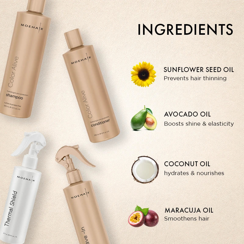 Ingredients - Pack of color safe shampoo and conditioner with heat protectant spray and leave in conditioner