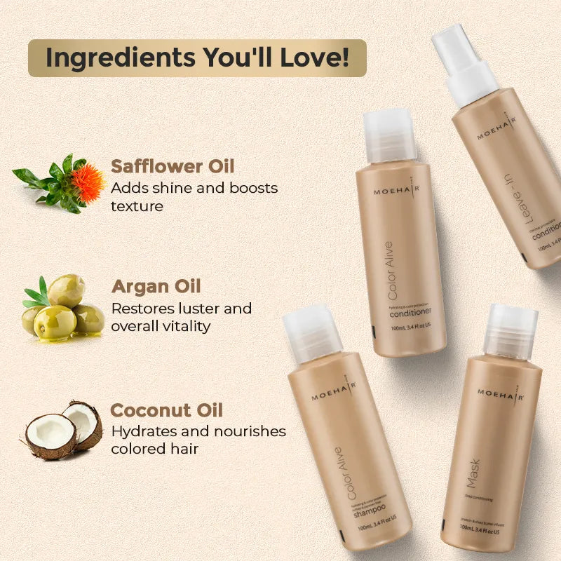 Ingredients - Pack of color safe shampoo and conditioner with hair serum and leave in conditioner