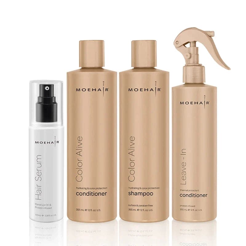 Pack of color safe shampoo and conditioner with hair serum and leave in conditioner
