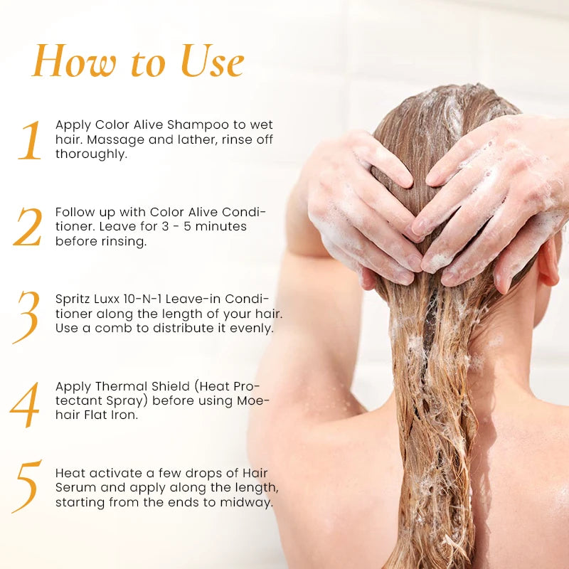 Pack of Color Alive Shampoo & Conditioner with Luxx Leave-In Conditioner, Flat Iron, Thermal Shield & Serum