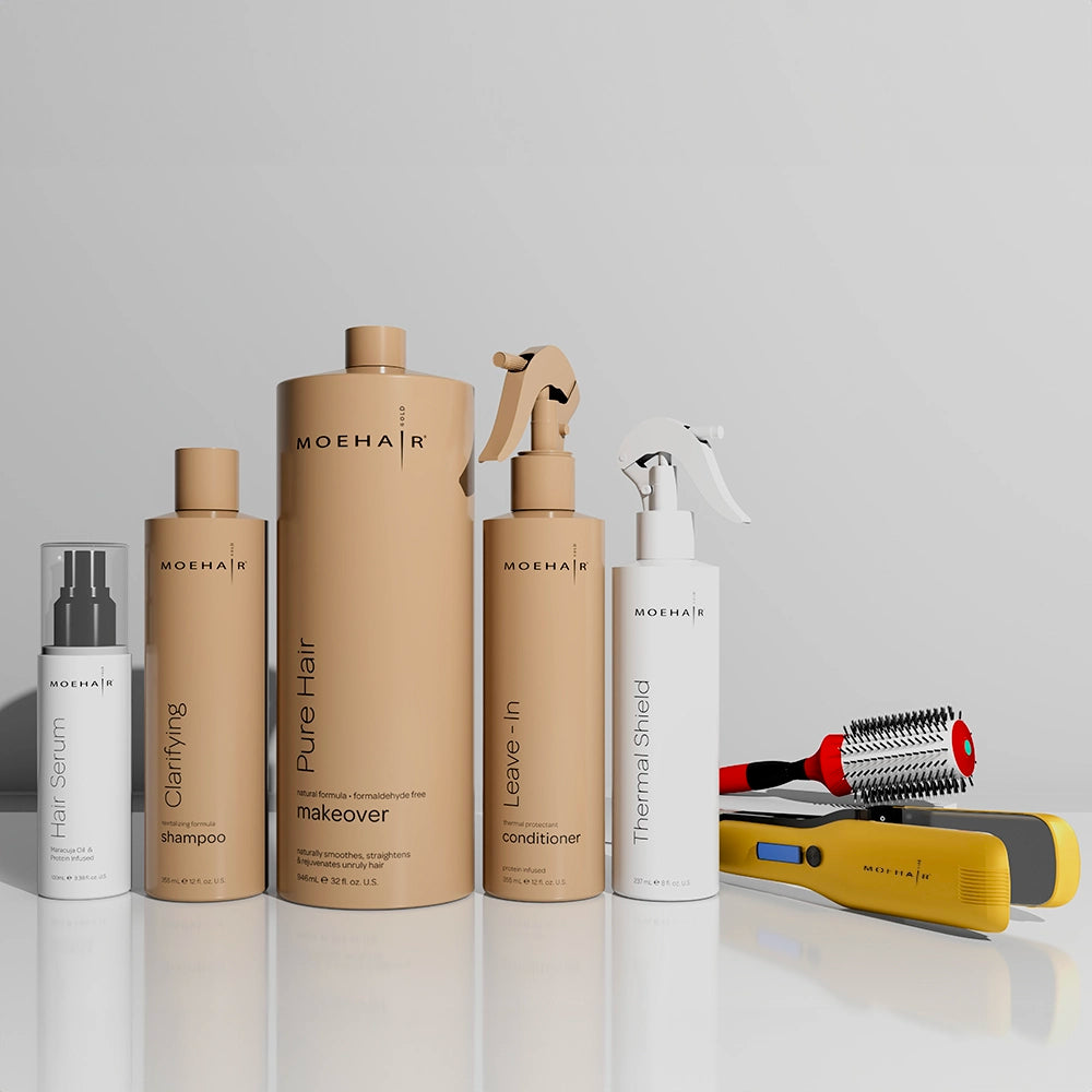 Keratin Kit - Set of Clarifying Shampoo, Serum, conditioner, hair repair system, thermal shield, straightener with hair brush 