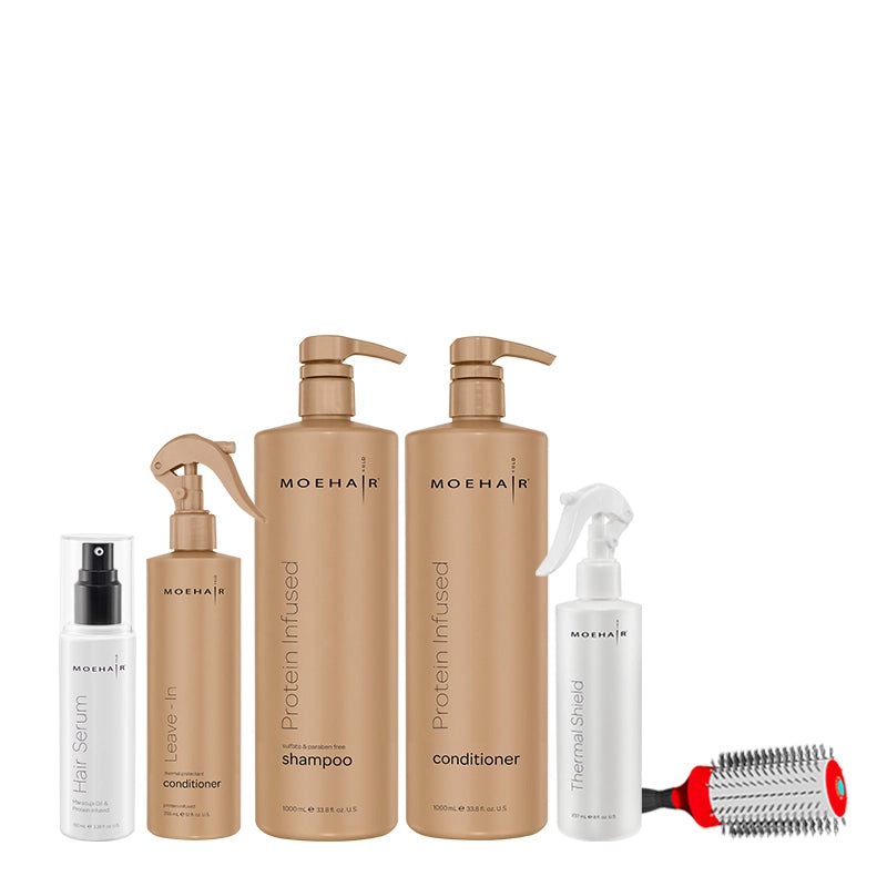 The products present in the kit - Hair Serum, Leave-in Conditioner, Protein Shampoo & Conditioner, Thermal Shield and Hair Brush