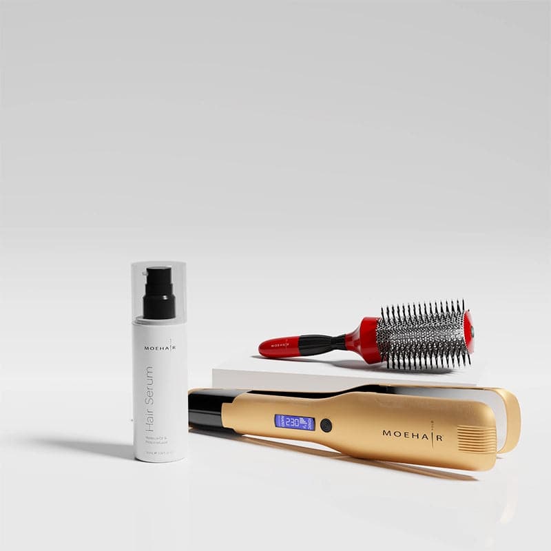 Hair Straightener, Serum & Hair Brush Trio