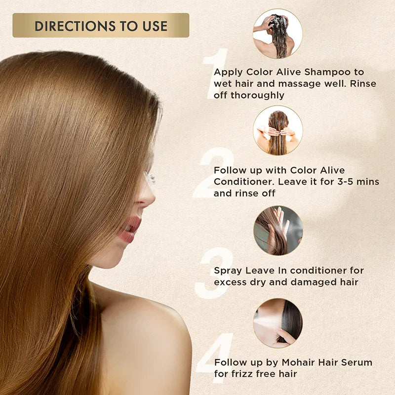 How to Use: Travel kits: Color Alive Shampoo & Conditioner, leave in Conditioner and Hair Serum 