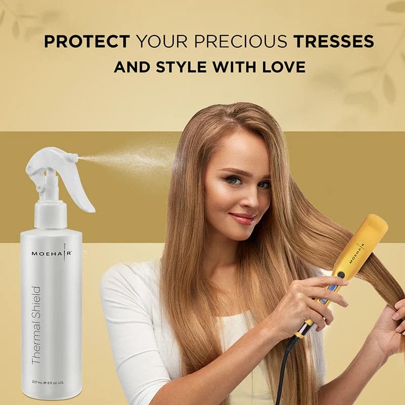 A model using moehair hair straightener and heat protectant spray for the maximum benefit 